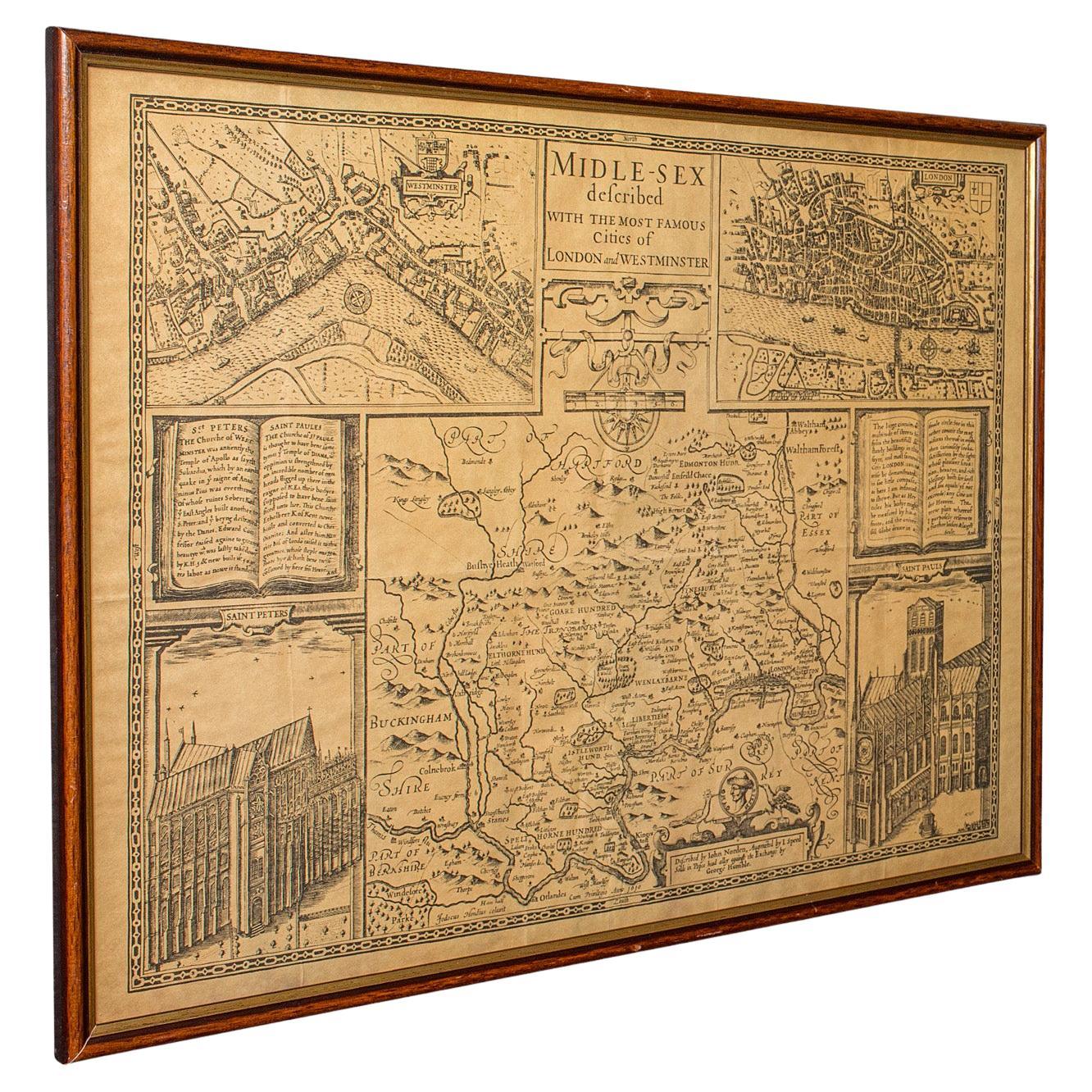 Mapa antiguo del condado de Middlesex, inglés, impresión enmarcada del siglo XVI, John Norden en venta