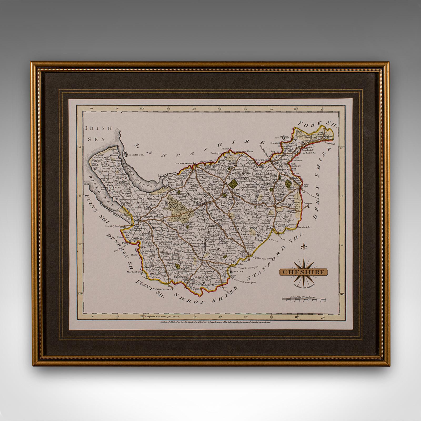 Se trata de un mapa antiguo de Cheshire, una fina reproducción de la cartografía de John Cary de finales del siglo XVIII, y se presenta dentro de un elegante marco acristalado.

Magnífico mapa del condado de Cheshire, de gran interés