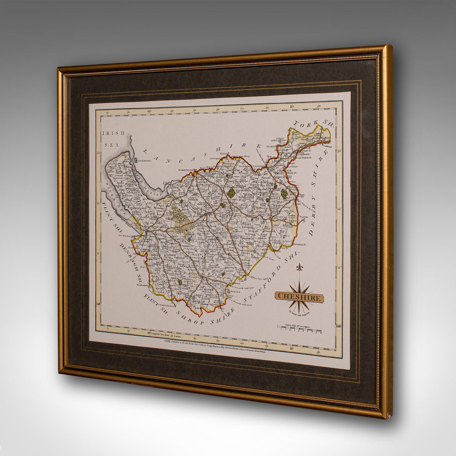Mapa antiguo del condado de Cheshire, inglés, según John Cary, interés cartográfico Georgiano en venta