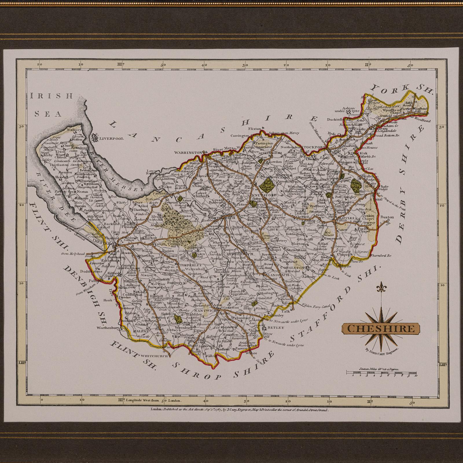 Mapa antiguo del condado de Cheshire, inglés, según John Cary, interés cartográfico Británico en venta