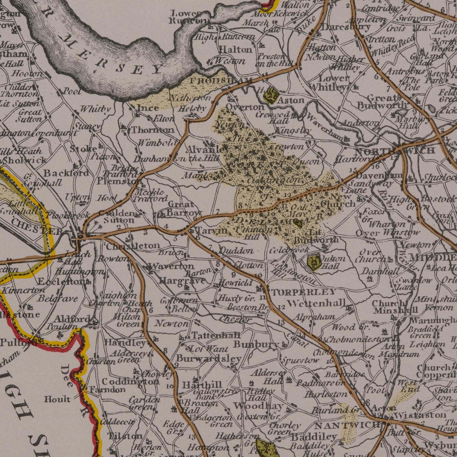 Mapa antiguo del condado de Cheshire, inglés, según John Cary, interés cartográfico Vidrio en venta