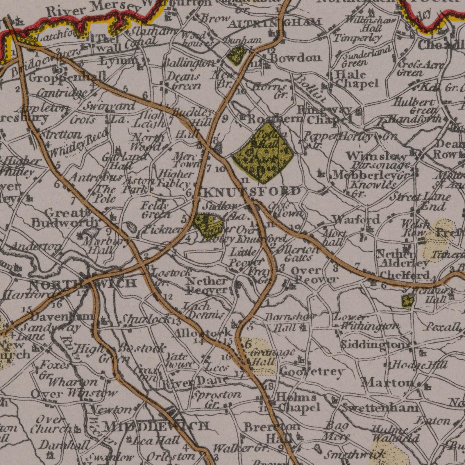 Mapa antiguo del condado de Cheshire, inglés, según John Cary, interés cartográfico en venta 2