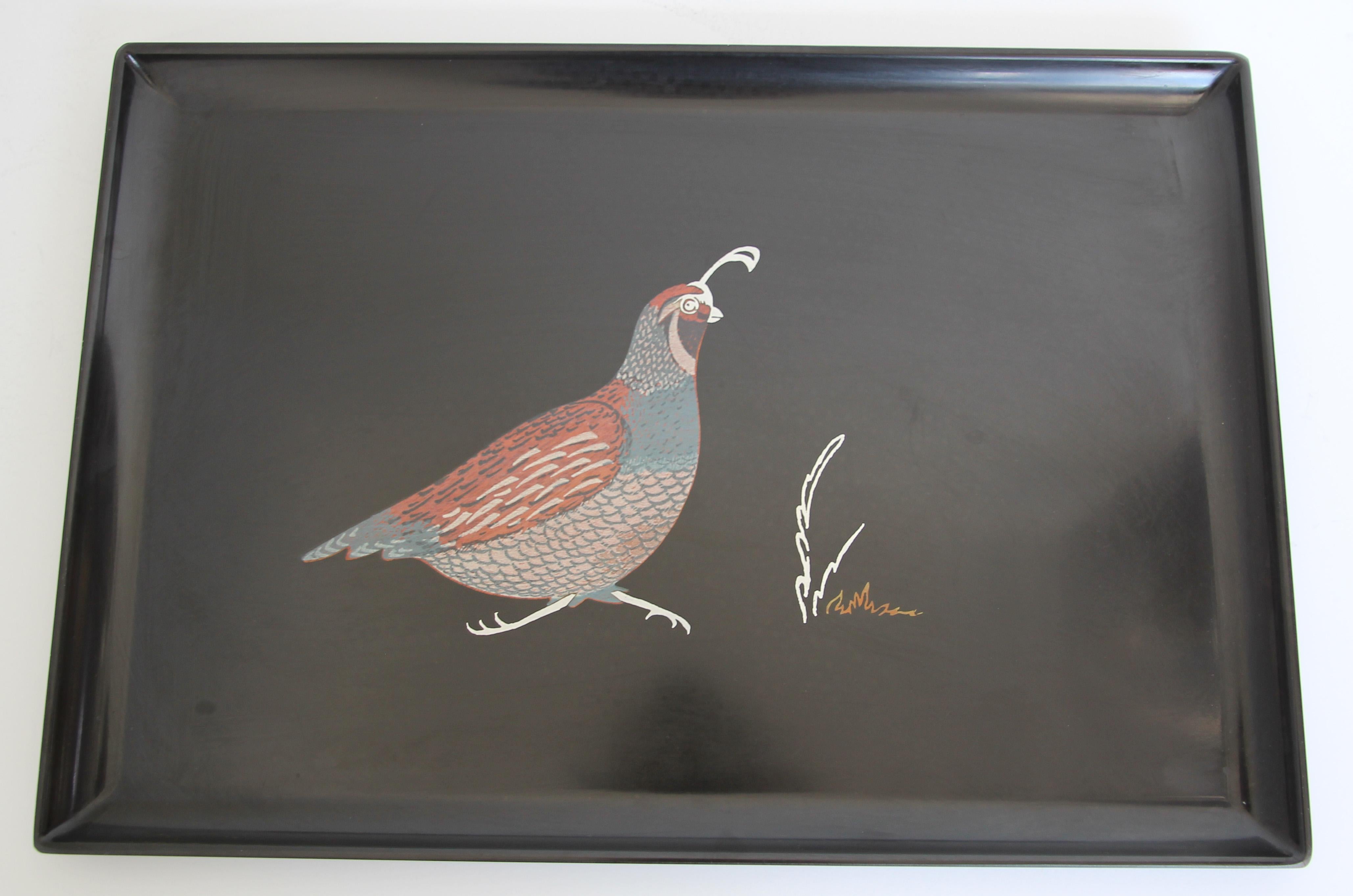 Large Mid-Century Modern Couroc of Monterey California bird design barware serving tray.
A mid century beautiful Couroc barware tray featuring a bird made up of the classic Couroc inlay techniques by master craftspeople using a variety of materials