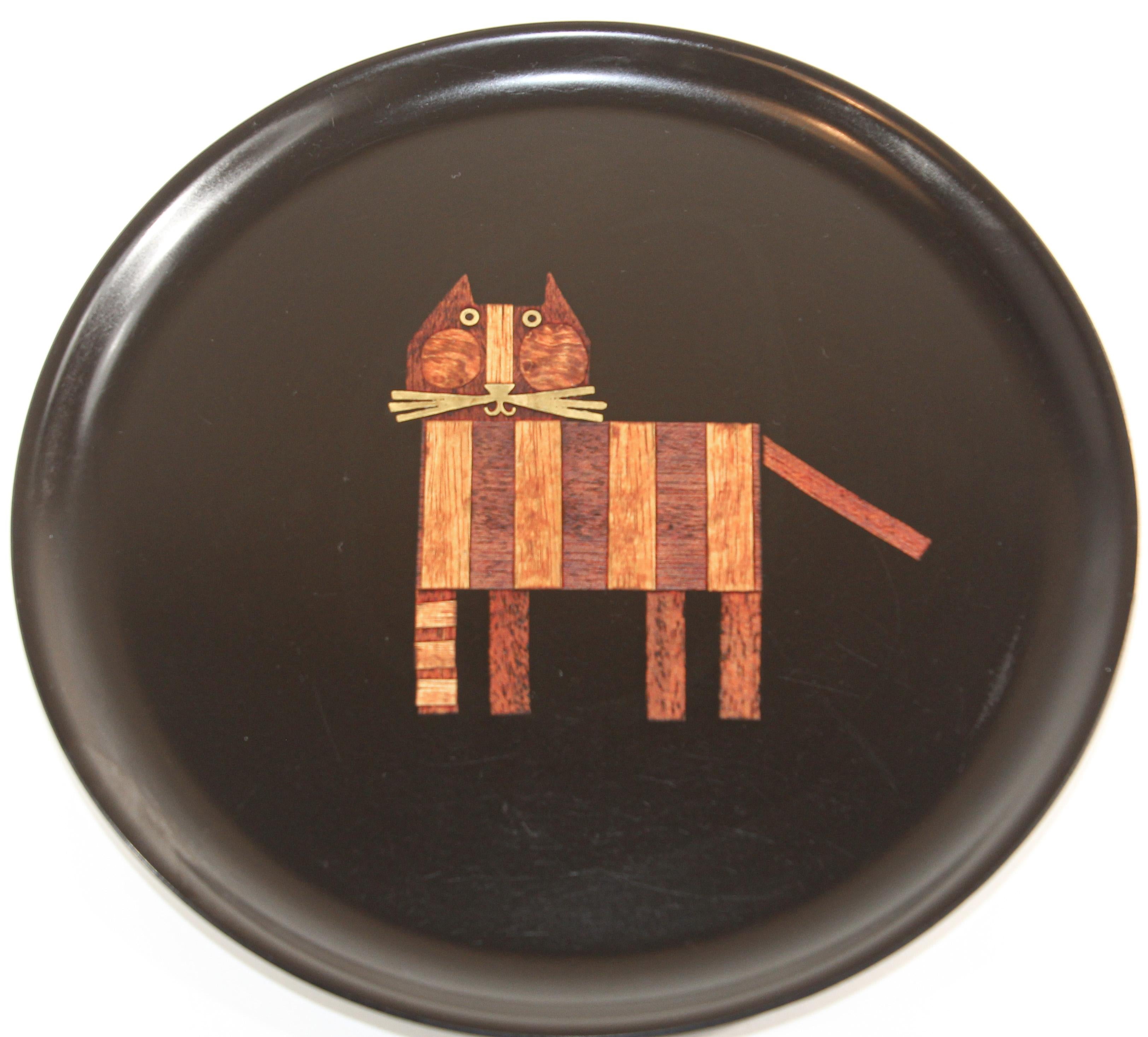 Mid-Century Modern Vintage Couroc Cat Design Barware Serving Tray en vente