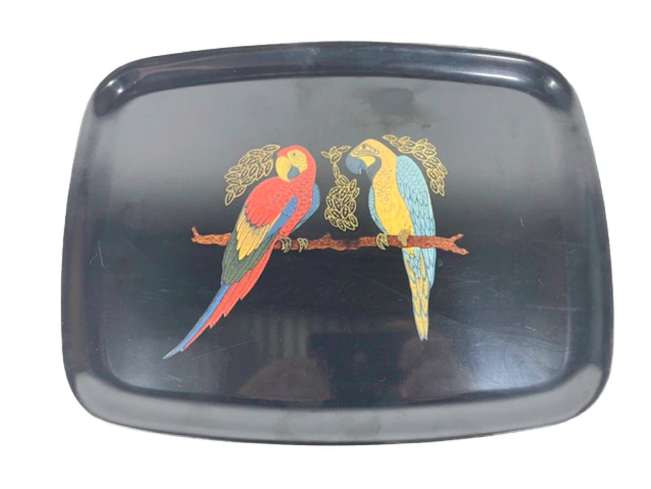 American Vintage Couroc Phenolic Resin Serving Tray, Stained Wood and Brass Inlaid Macaws For Sale