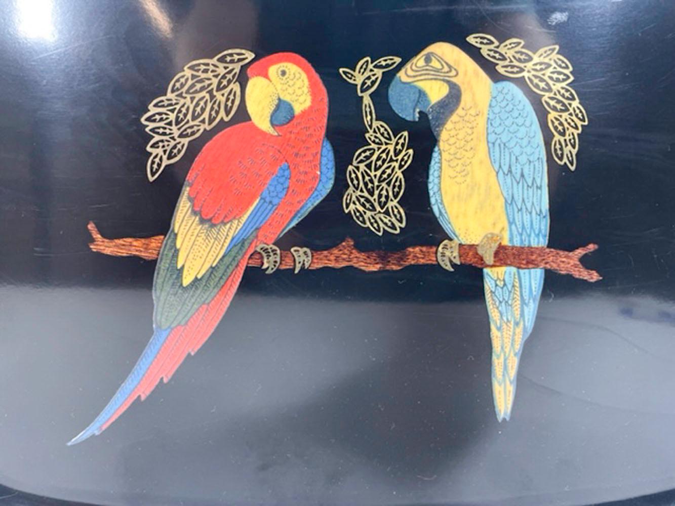 Vintage Couroc Phenolic Resin Serving Tray, Stained Wood and Brass Inlaid Macaws In Good Condition For Sale In Nantucket, MA