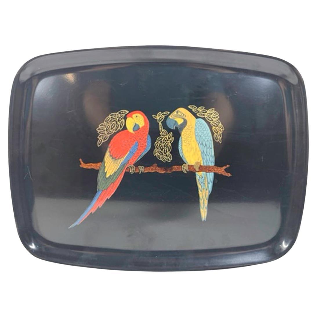 Vintage Couroc Phenolic Resin Serving Tray, Stained Wood and Brass Inlaid Macaws For Sale