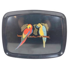 Vintage Couroc Phenolic Resin Serving Tray, Stained Wood and Brass Inlaid Macaws