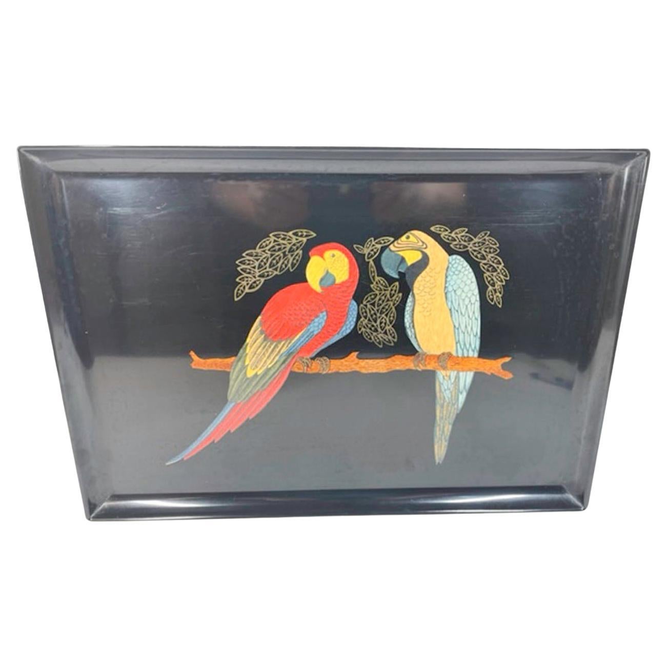 Vintage Couroc Phenolic Resin Serving Tray w/ Wood and Brass Inlaid Macaws