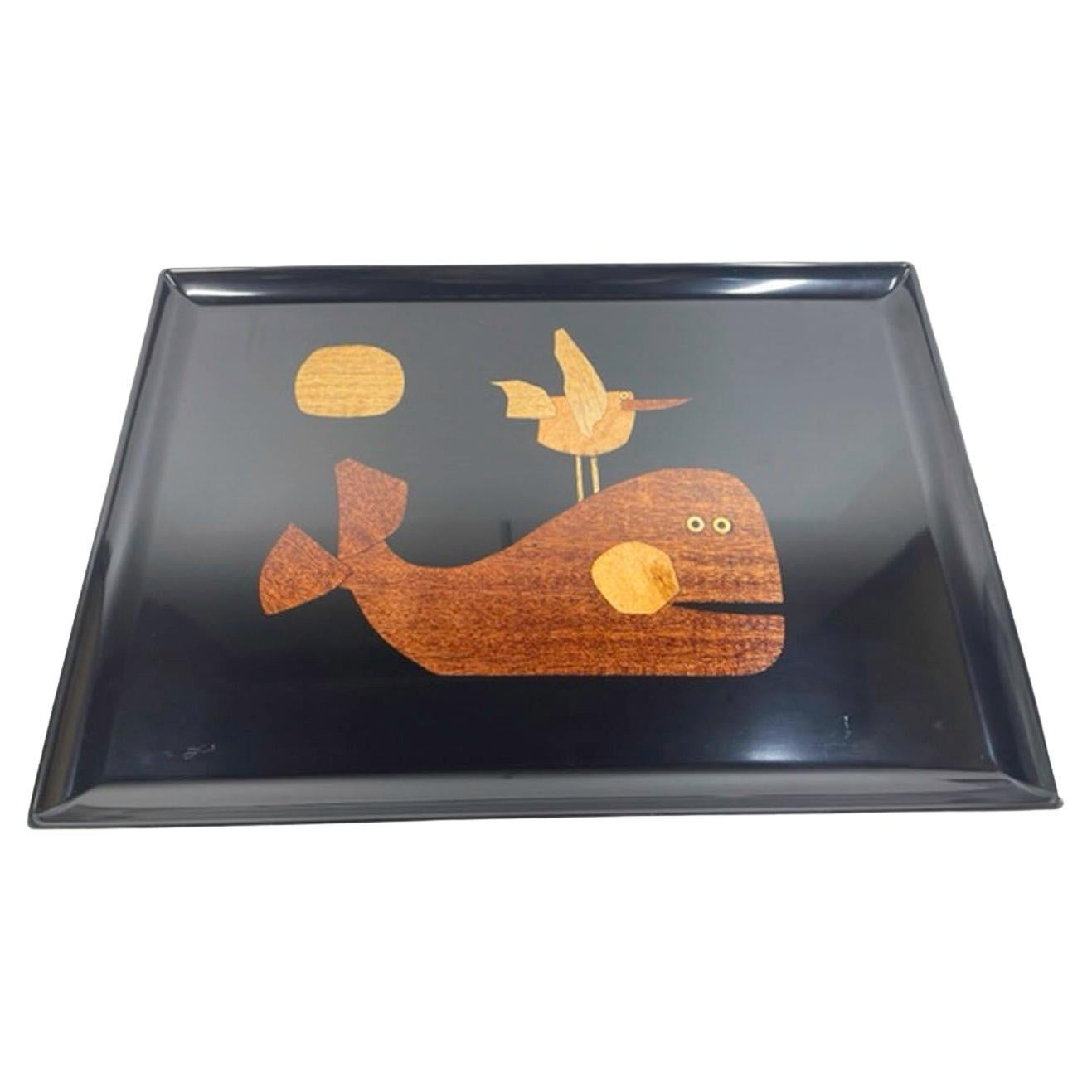 Vintage Couroc Phenolic Resin Serving Tray W/ Wood Inlaid Whale and Bird