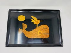 Vintage Couroc Phenolic Resin Serving Tray with Inlaid Wood and Brass Whale