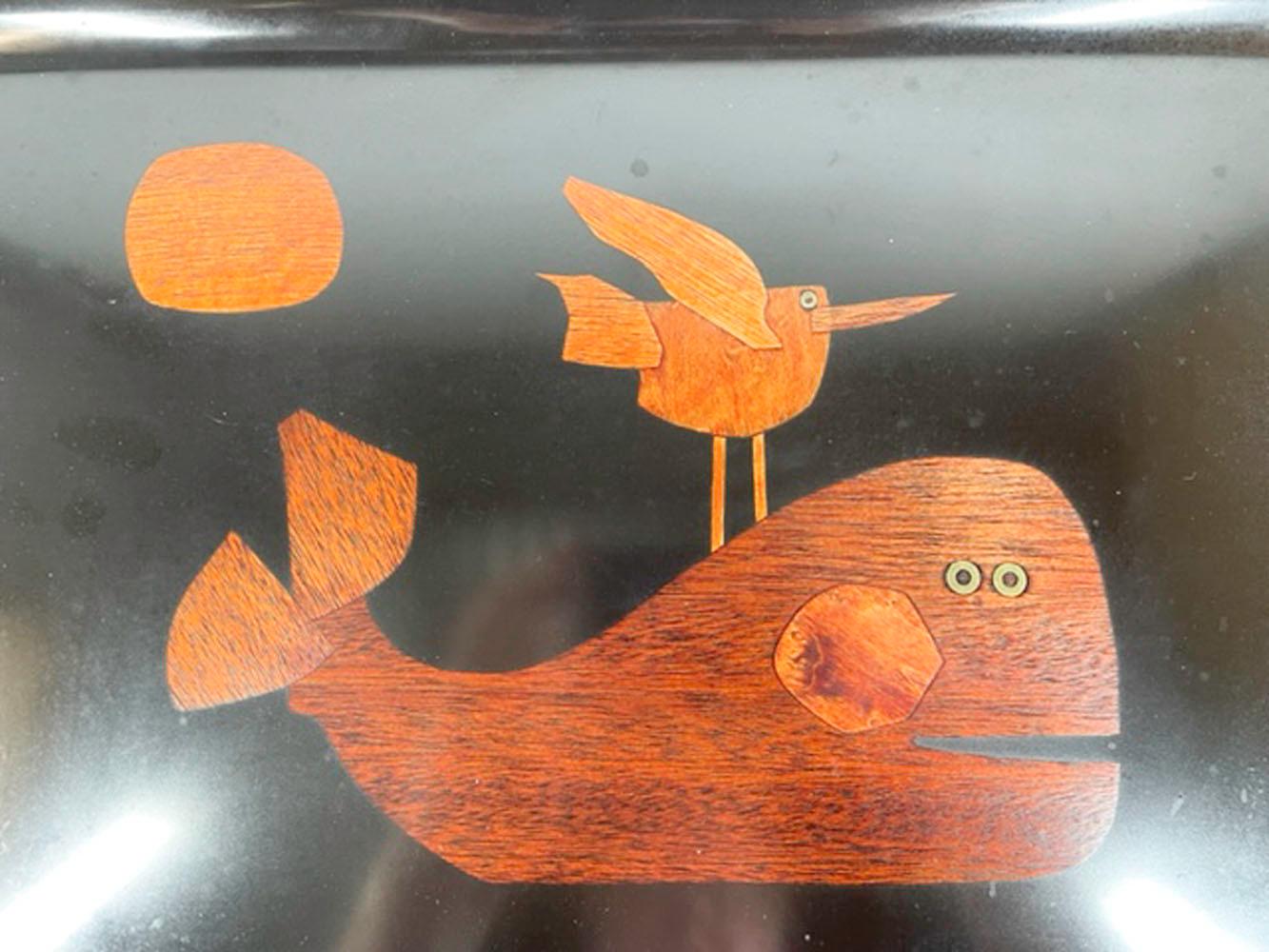 Mid-Century Modern Vintage Couroc Phenolic Resin Serving Tray with Inlaid Wood and Brass Whale