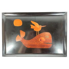 Vintage Couroc Phenolic Resin Serving Tray with Inlaid Wood and Brass Whale