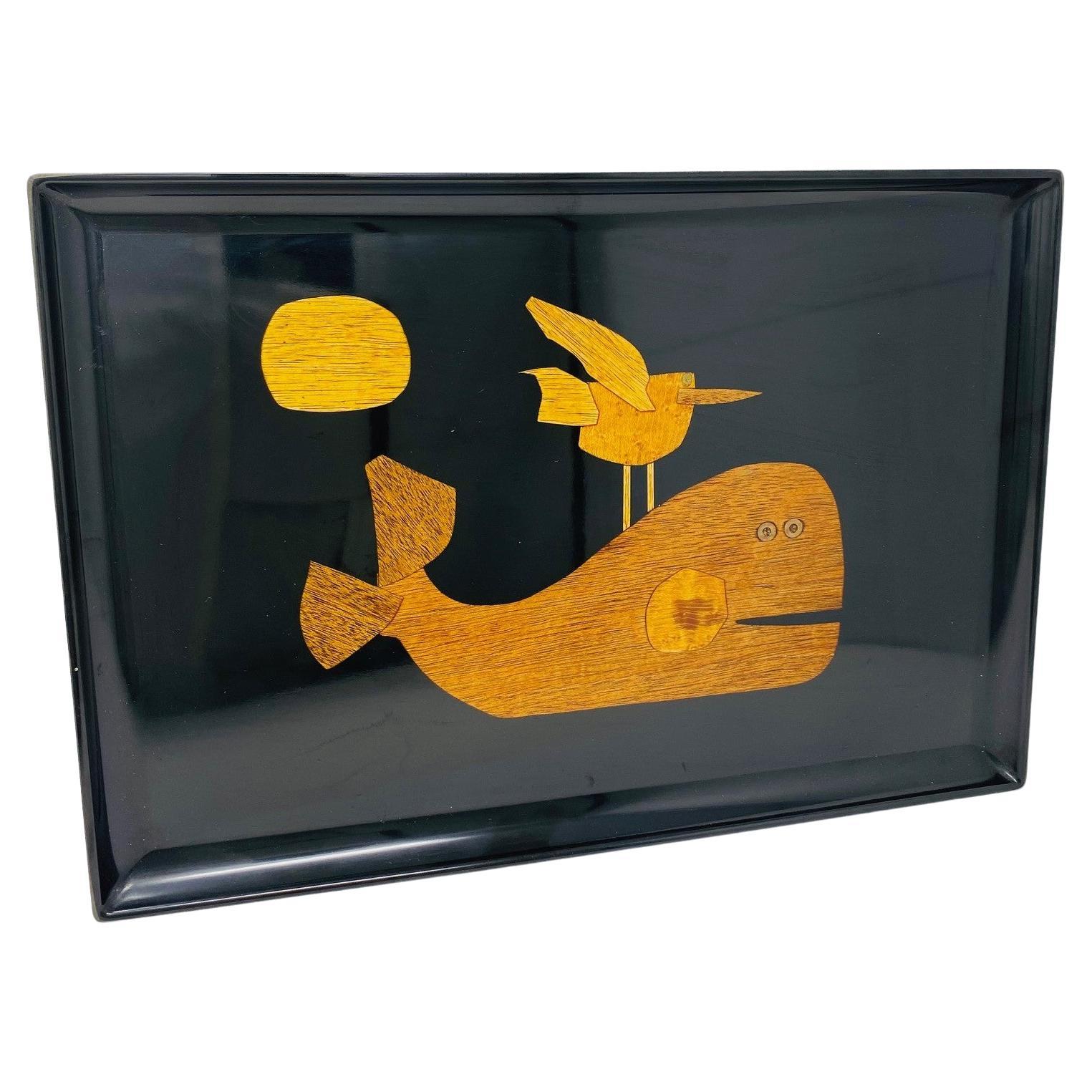 Vintage Couroc Phenolic Resin Serving Tray with Inlaid Wood and Brass Whale For Sale
