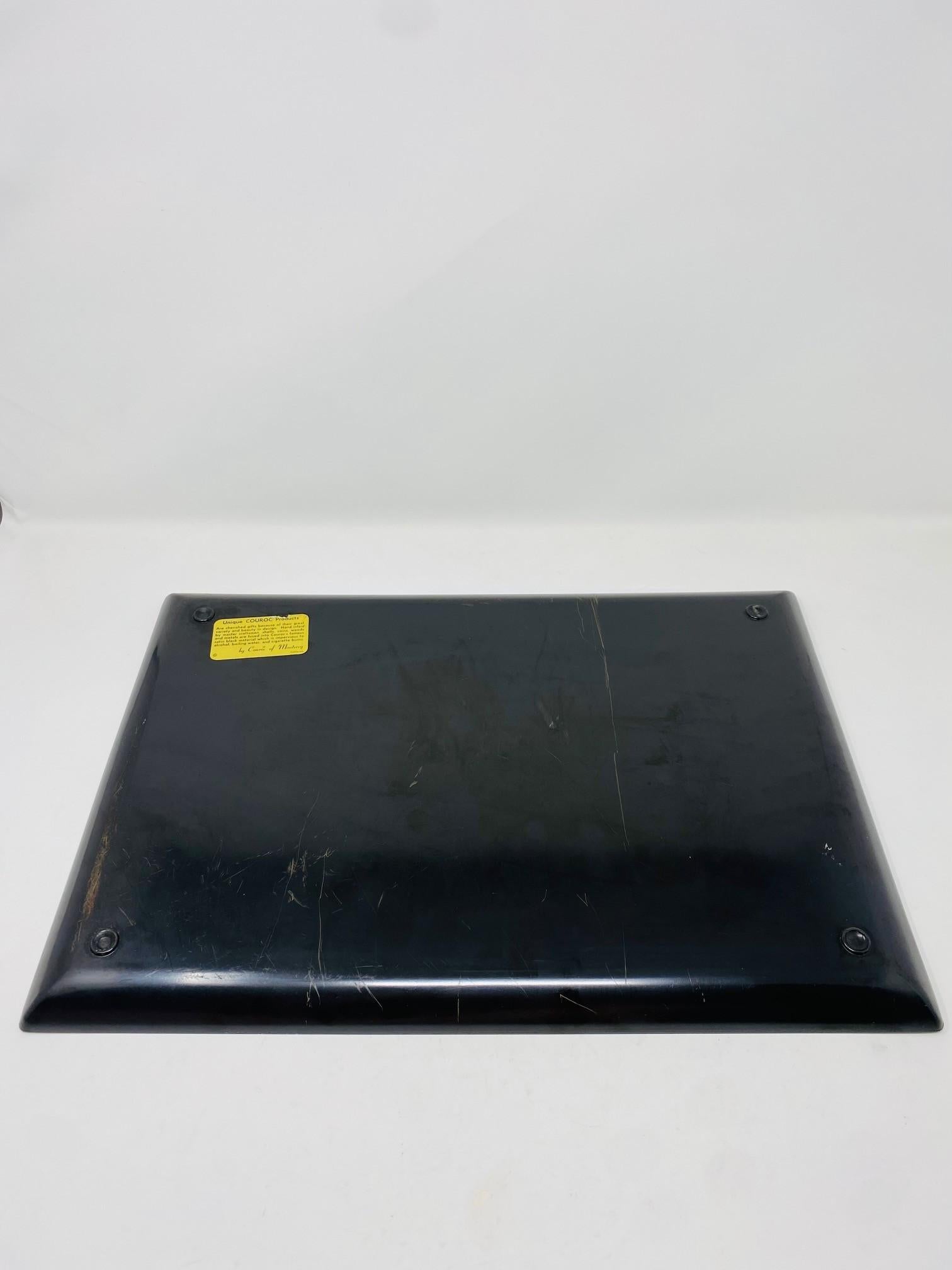 Mid-20th Century Vintage Couroc Phenolic Resin Serving Tray with Inlaid Wood and Crystal King Cat