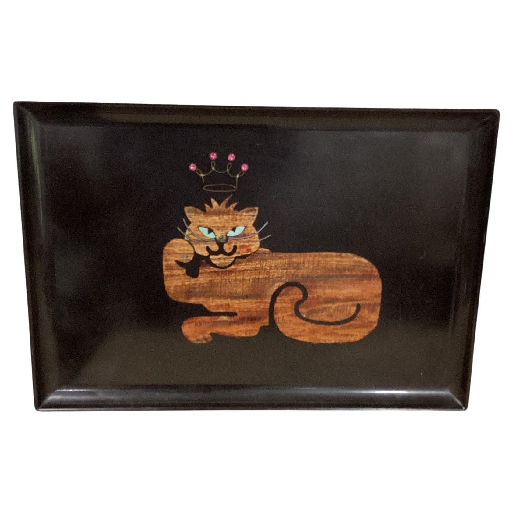Vintage Couroc Phenolic Resin Serving Tray With Inlaid Wood and Crystal King Cat