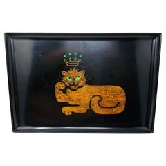 Vintage Couroc Phenolic Resin Serving Tray with Inlaid Wood and Crystal King Cat