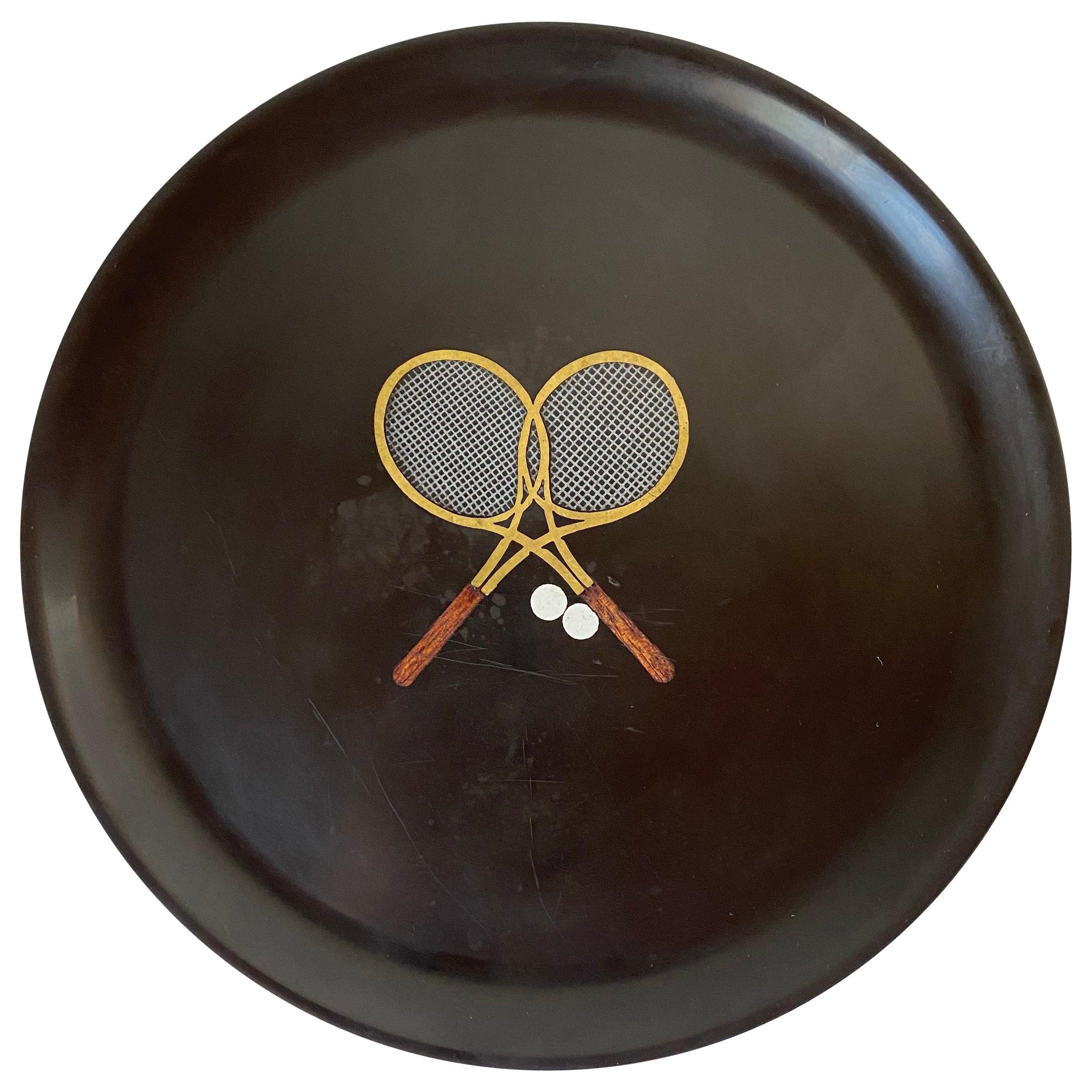 Vintage Couroc Phenolic Resin Serving Tray with Inlaid Wood Tennis Rackets