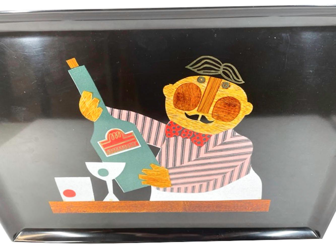 Mid-Century Modern phenolic resin serving tray by Couroc of Monterey with wood, colored resin and brass inlaid bartender with a striped shirt, holding a bottle and with two cocktails on the bar.