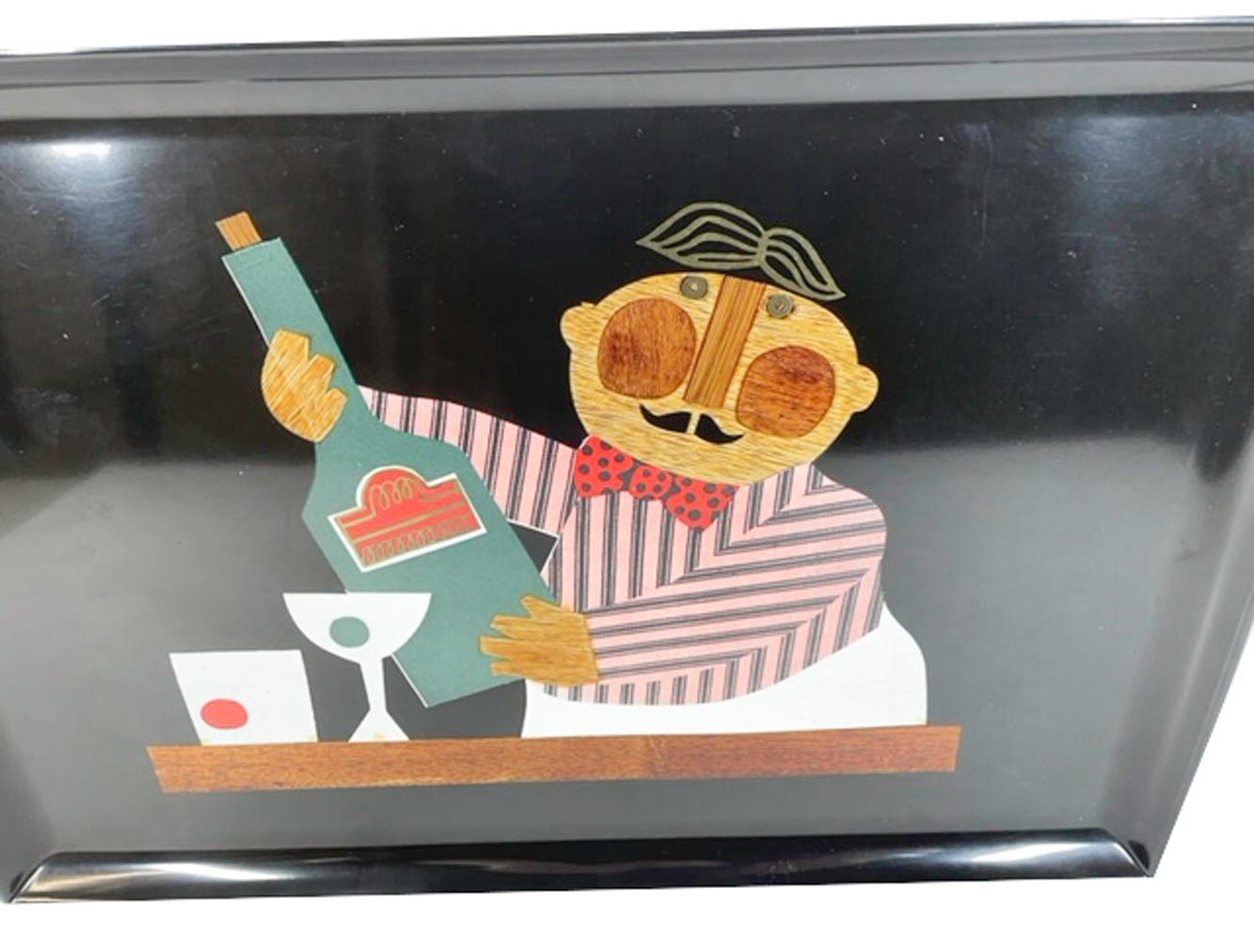 Mid-Century Modern Vintage Couroc Phenolic Resin Tray with Inlaid Wood, Resin and Brass Bartender