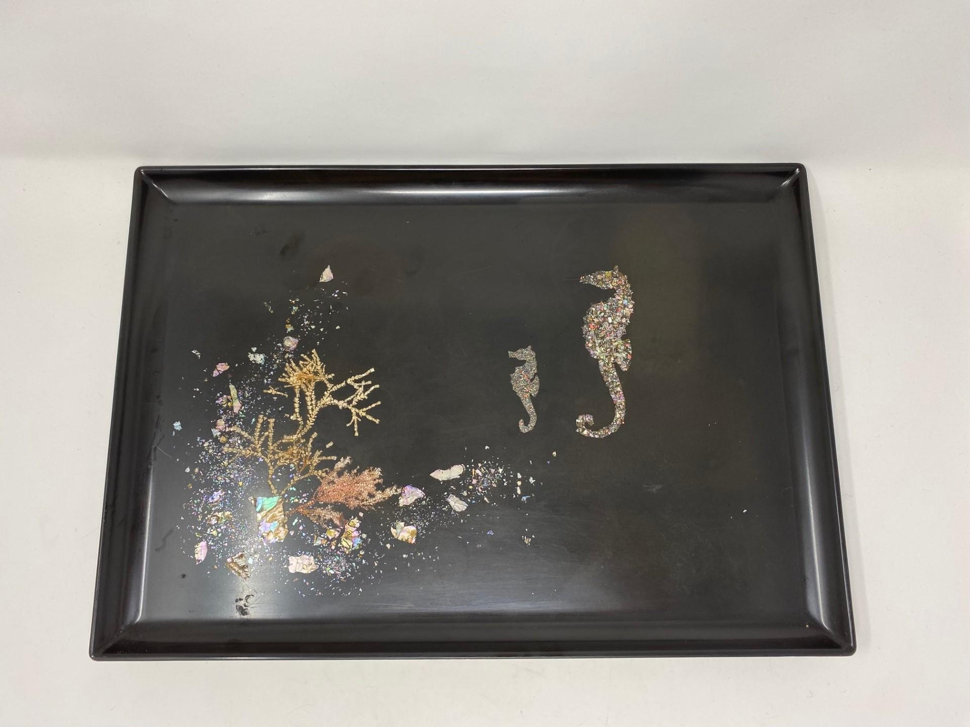 Beautiful Couroc Shell Seahorse Tray. It was crafted in California and is in very good condition. This piece has beautiful features that make it ideal for display.. Couroc trays were very popular in the sixties and the seventies because of the way
