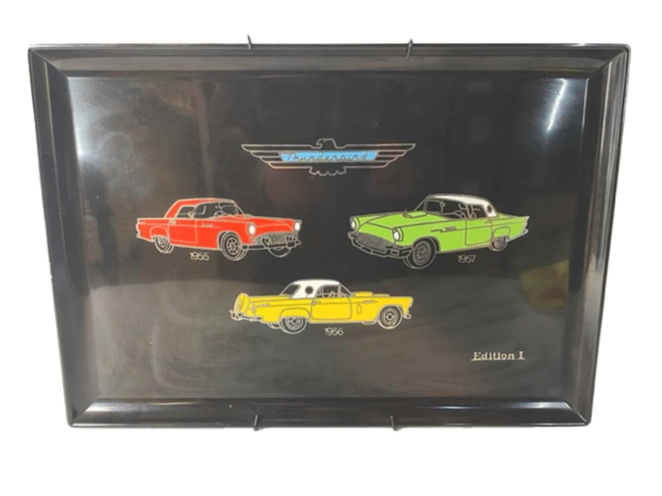 Vintage Couroc phenolic resin tray with inlaid chrome and resin images of classic Ford Thunderbirds from 1955, '56 & '57 made for and retailed by Classics & Specialties of Metairie, LA. This example retains its original display hanger as well as