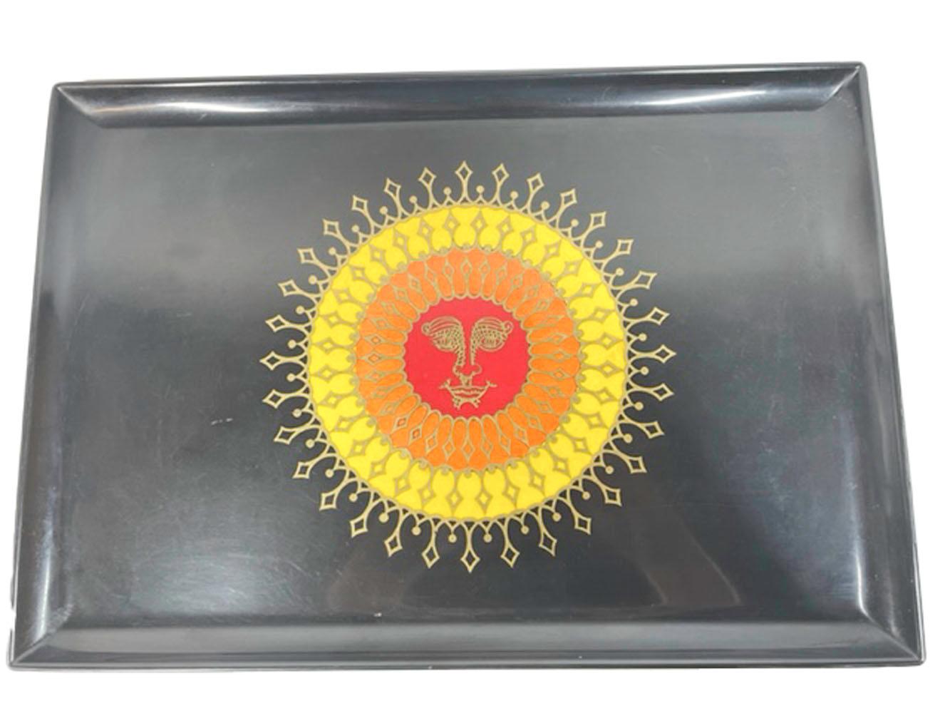 Vintage Couroc Serving Tray, W/ Red, Orange & Yellow Resin and Brass Inlaid Sun In Good Condition For Sale In Nantucket, MA