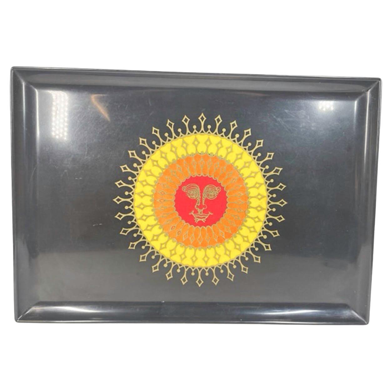 Vintage Couroc Serving Tray, W/ Red, Orange & Yellow Resin and Brass Inlaid Sun For Sale