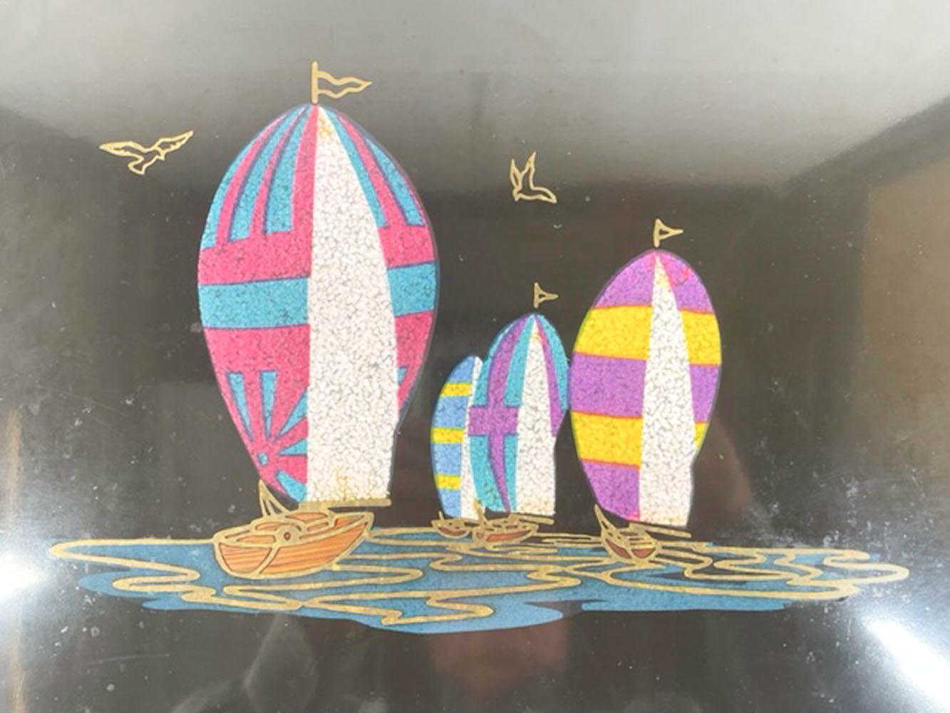 Mid-Century Modern Vintage Couroc Serving Tray with Brightly Colored Mosaic Sailboats For Sale