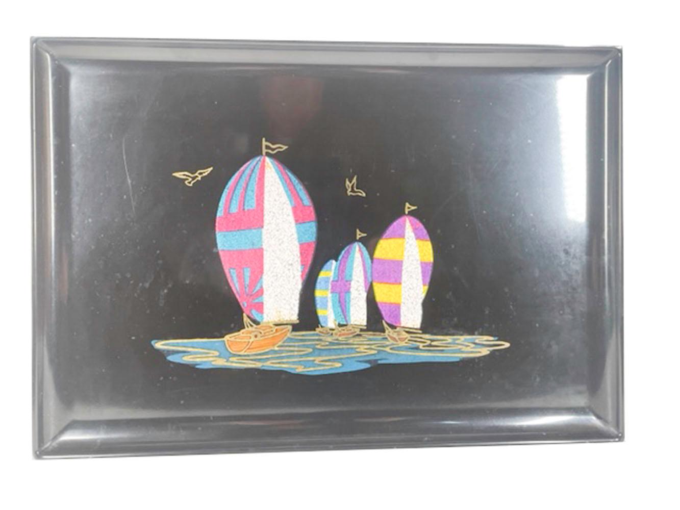American Vintage Couroc Serving Tray with Brightly Colored Mosaic Sailboats For Sale