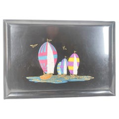 Vintage Couroc Serving Tray with Brightly Colored Mosaic Sailboats