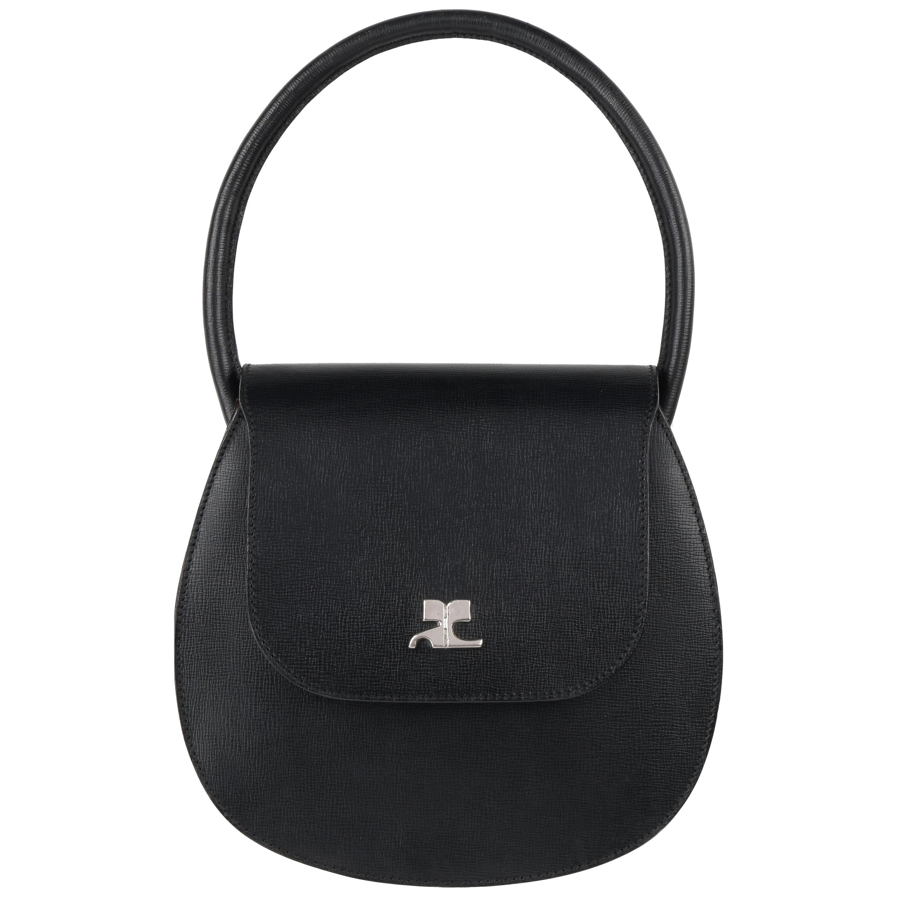 Vintage COURREGES Black Pebble Leather Structured "AC" Logo Handbag Purse NOS