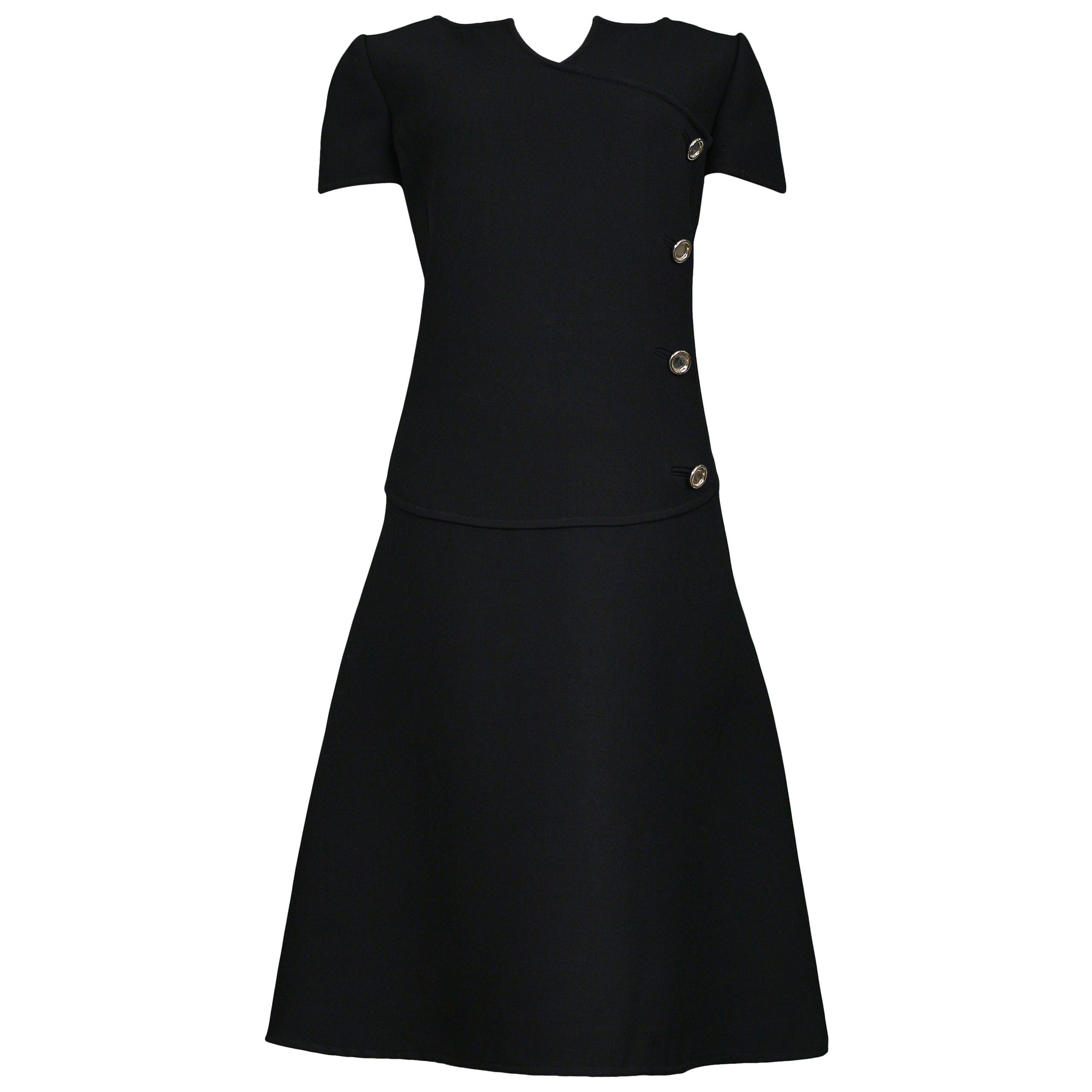 Vestido de Día Vintage Courreges Negro Lana Mod en venta