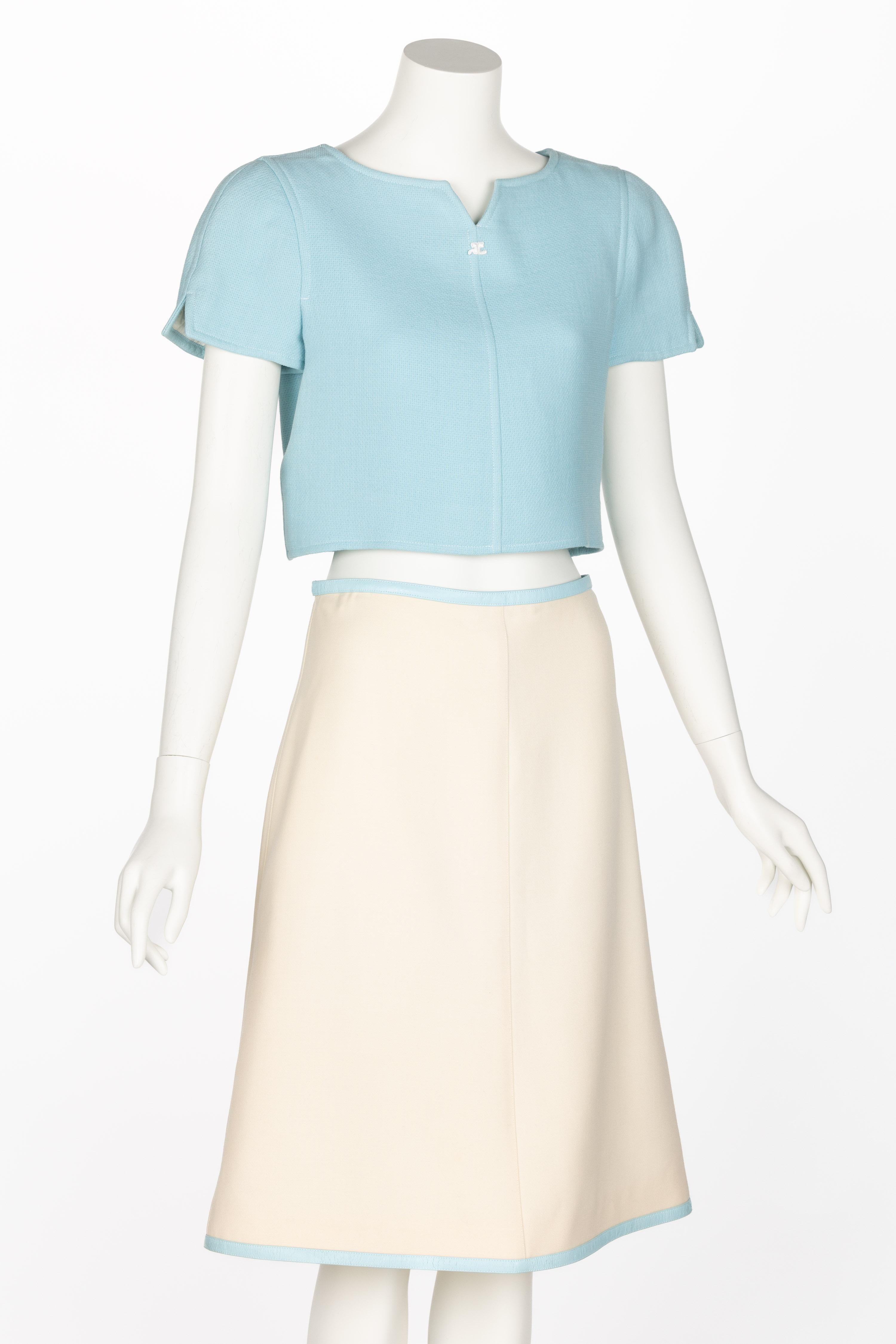 Vintage Courreges Paris Baby Blue Creme Cropped Top and Skirt Set In Excellent Condition In Boca Raton, FL