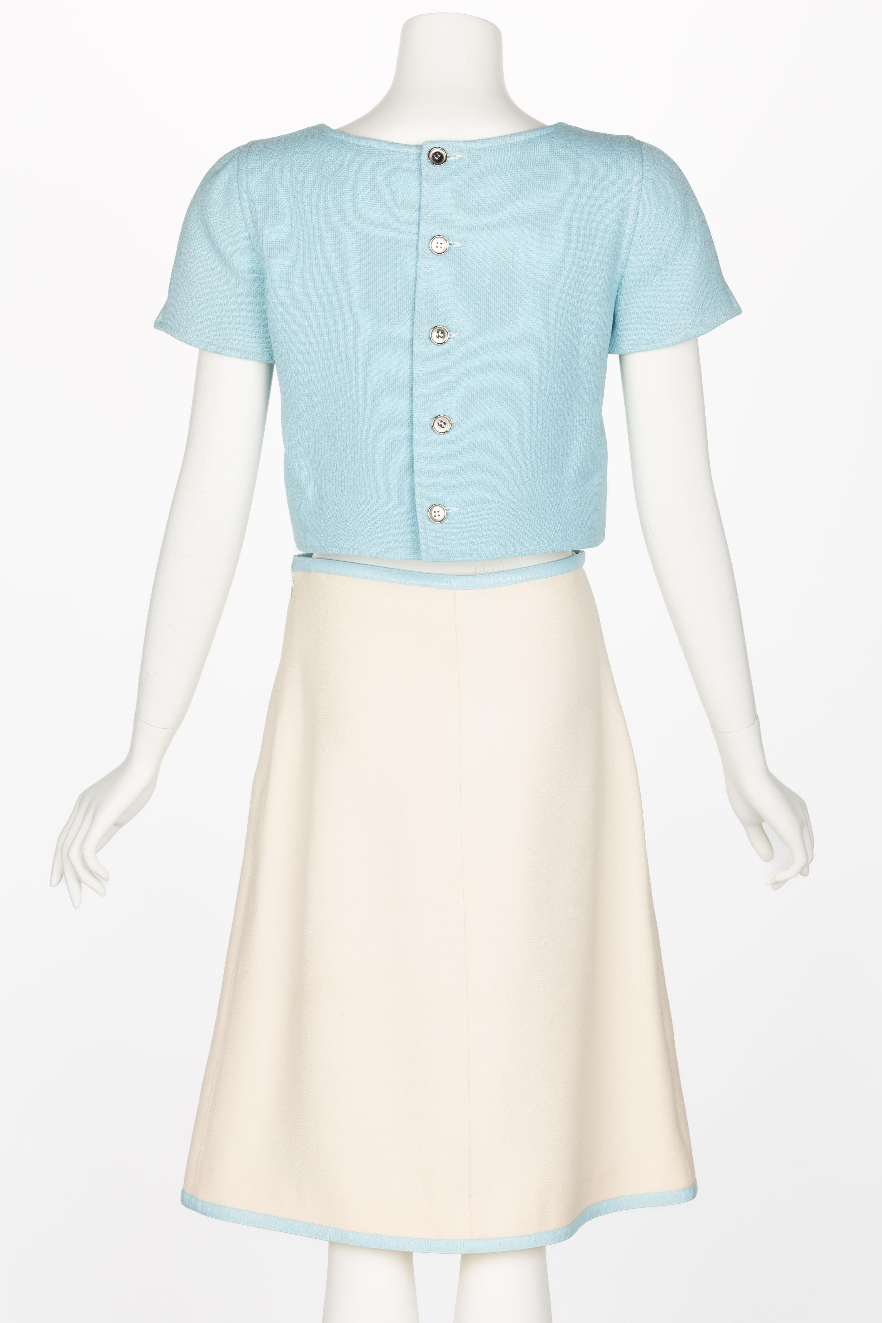 Women's Vintage Courreges Paris Baby Blue Creme Cropped Top and Skirt Set