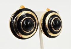 Vintage Courrèges Paris Cabochon Faux-Onyx Black Enamel Bulls Eye Clip Earrings