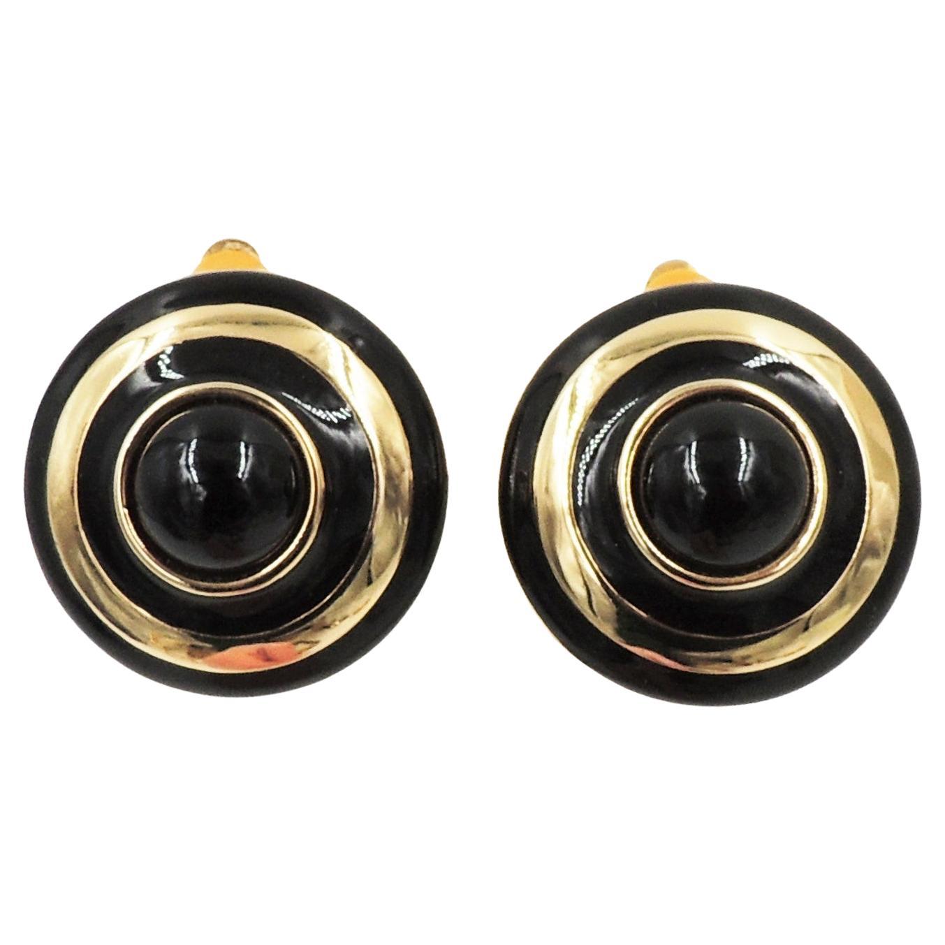 Vintage Courrèges Paris Cabochon Faux-Onyx Black Enamel Bulls Eye Clip Earrings For Sale