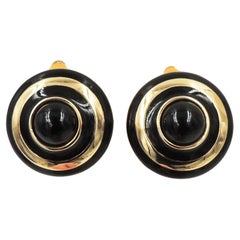 Vintage Courrèges Paris Cabochon Faux-Onyx Black Enamel Bulls Eye Clip Earrings
