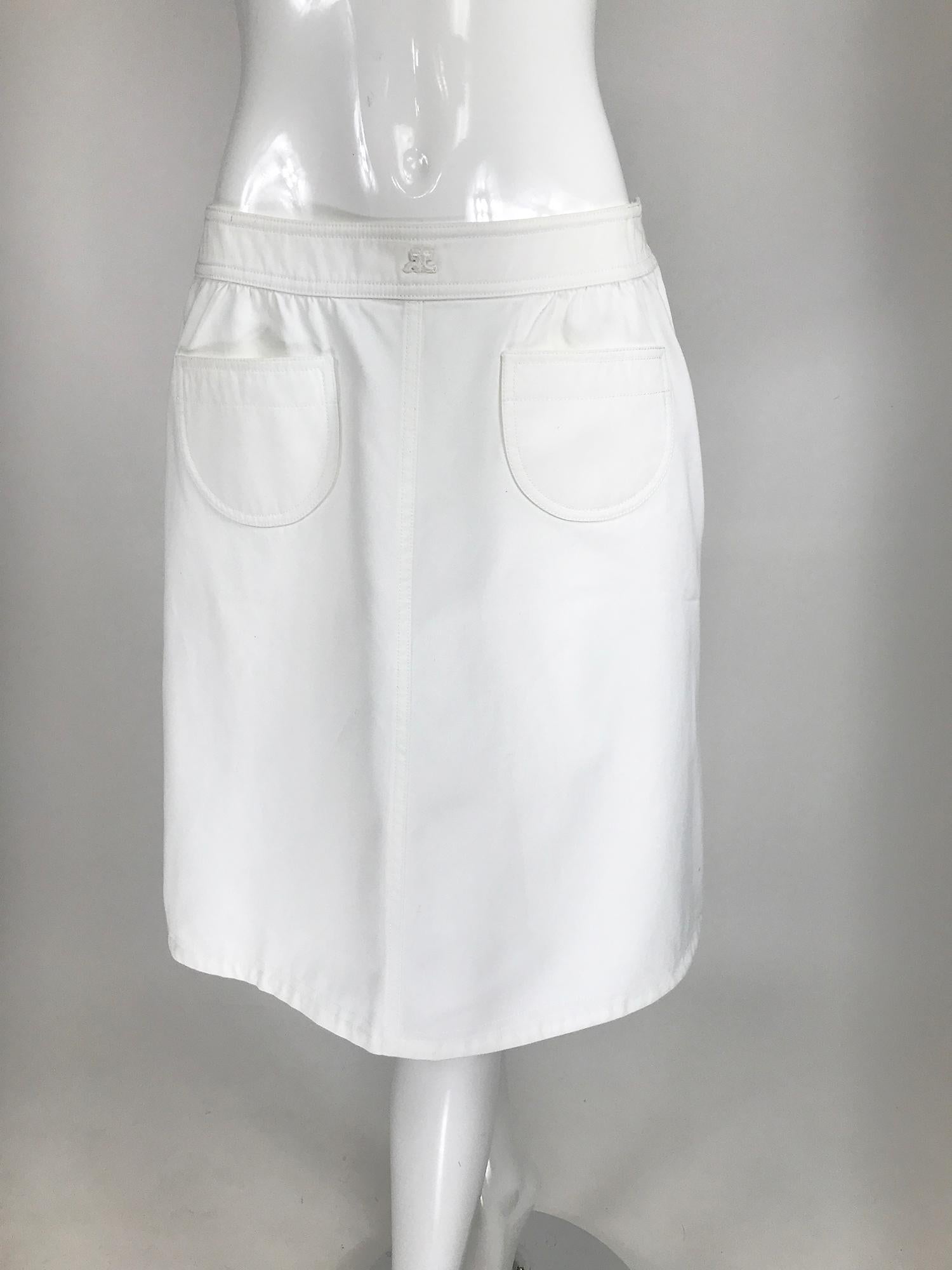 Vintage Courreges White Cotton Twill Pocket Front Skirt 40 6