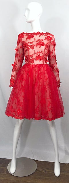 Vintage Couture 1990s Does 1950s Semi Sheer Sz 10 / 12 Lipstick Red Sequin Dress