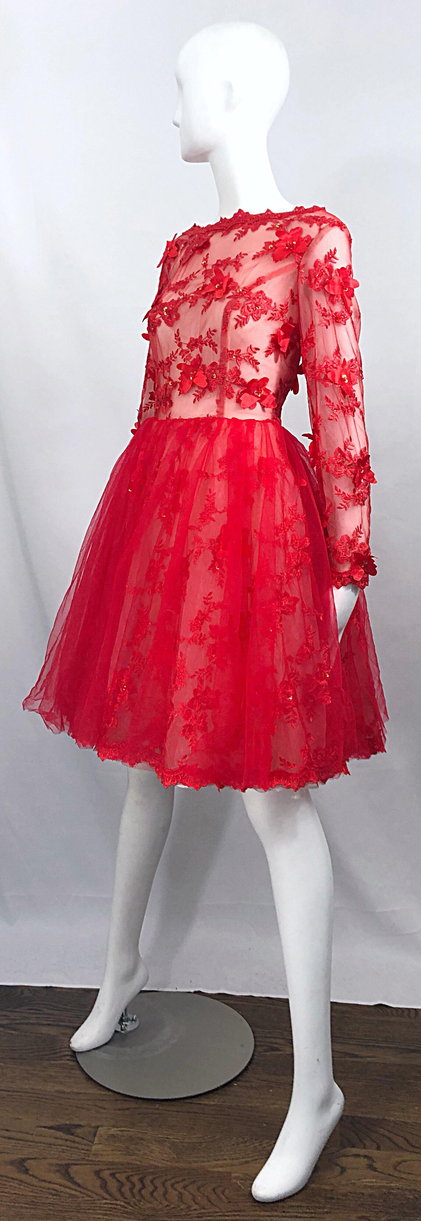 Vintage Couture 1990s Does 1950s Semi Sheer Sz 10 / 12 Lipstick Red Sequin Dress In Excellent Condition In San Diego, CA
