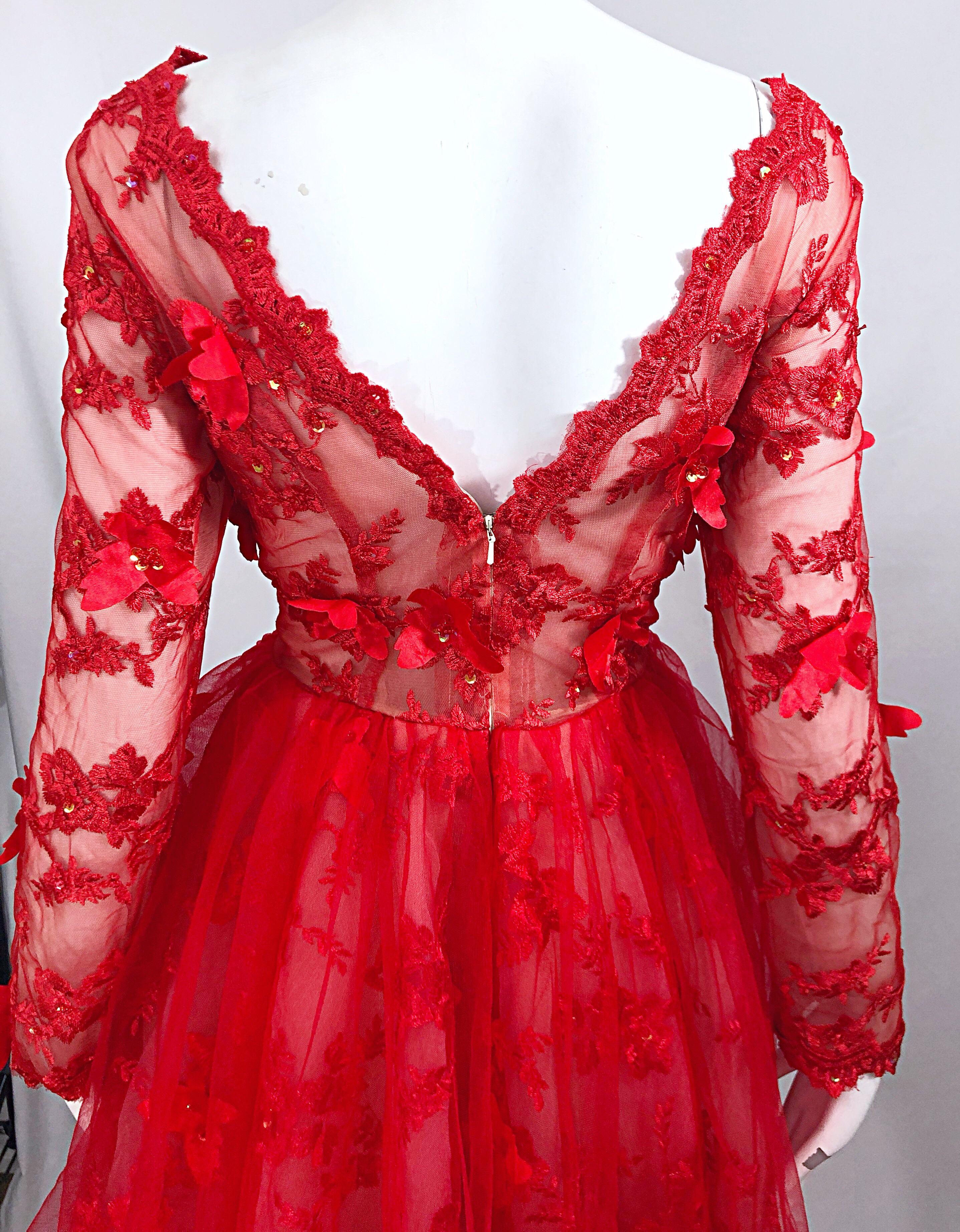 Vintage Couture 1990s Does 1950s Semi Sheer Sz 10 / 12 Lipstick Red Sequin Dress 1