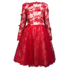 vintage couture dresses Vintage Couture 1990s Does 1950s Semi Sheer Sz 10 / 12 Lipstick Red Sequin Dress