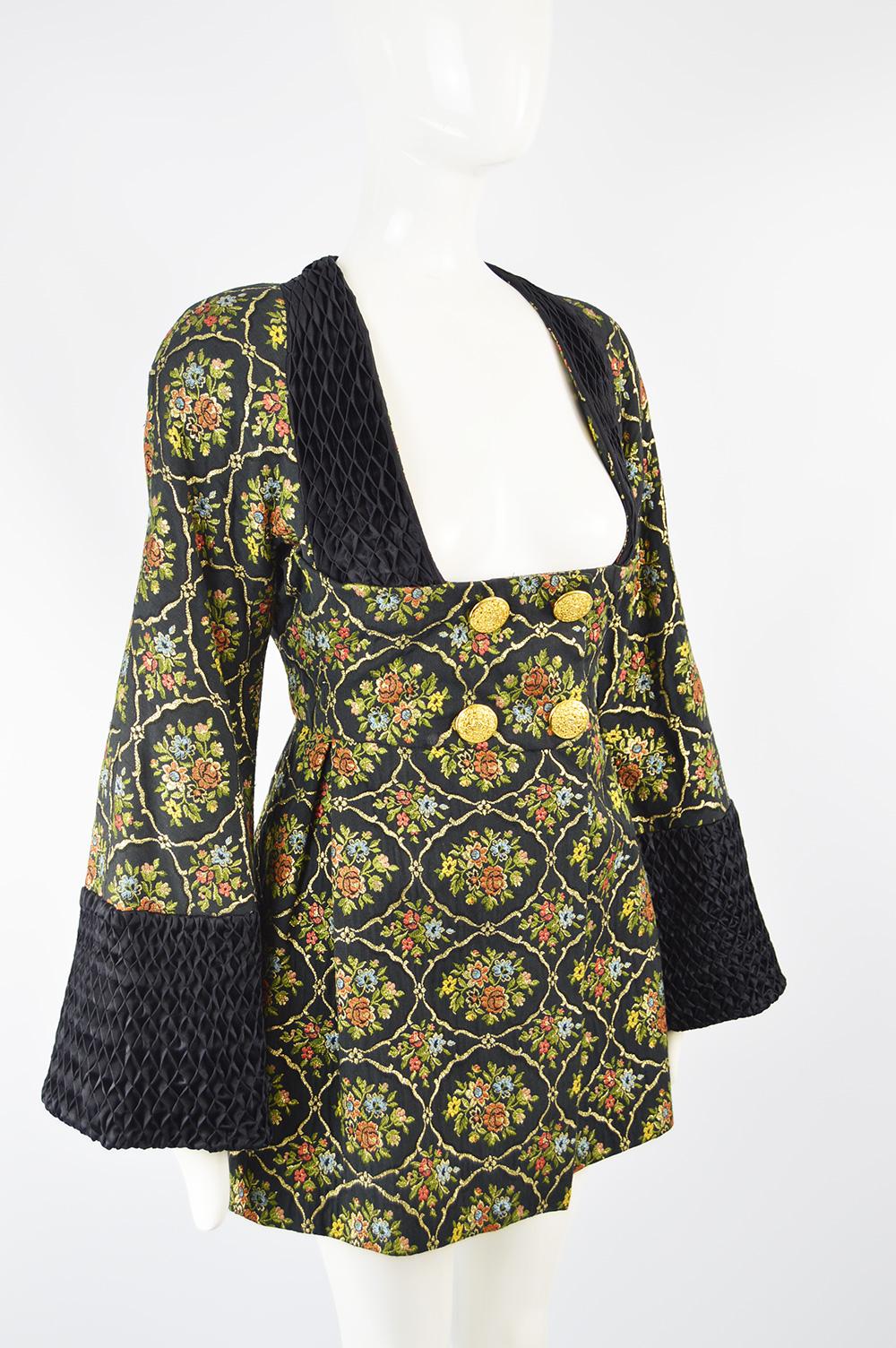 Black Vintage Couture Brocade Hand Smocked Silk Frock Coat, 1980s
