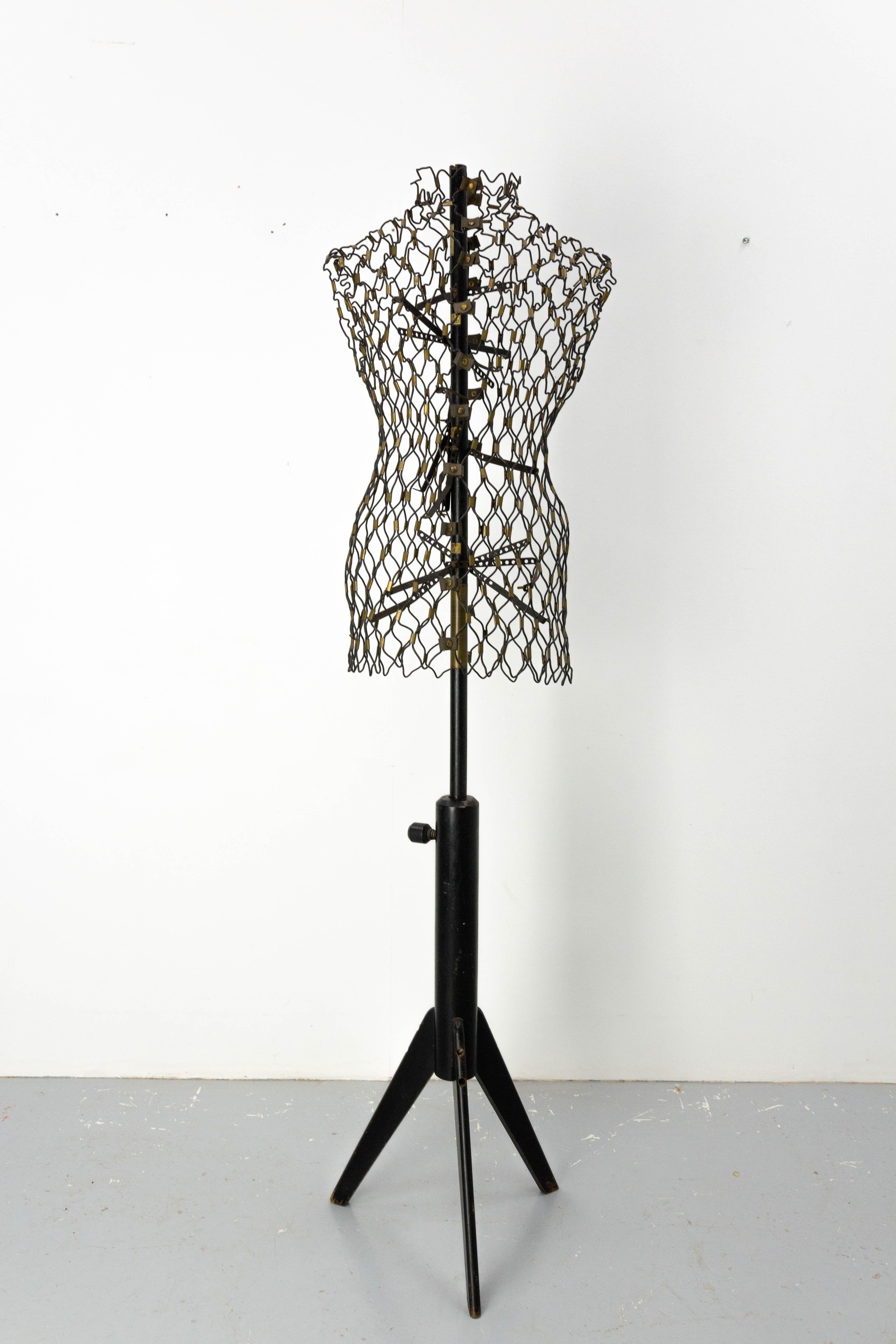 Metal Vintage Couture Bust by Ideal Wood Wrought Iron Brass and Leather, French c 1950 For Sale