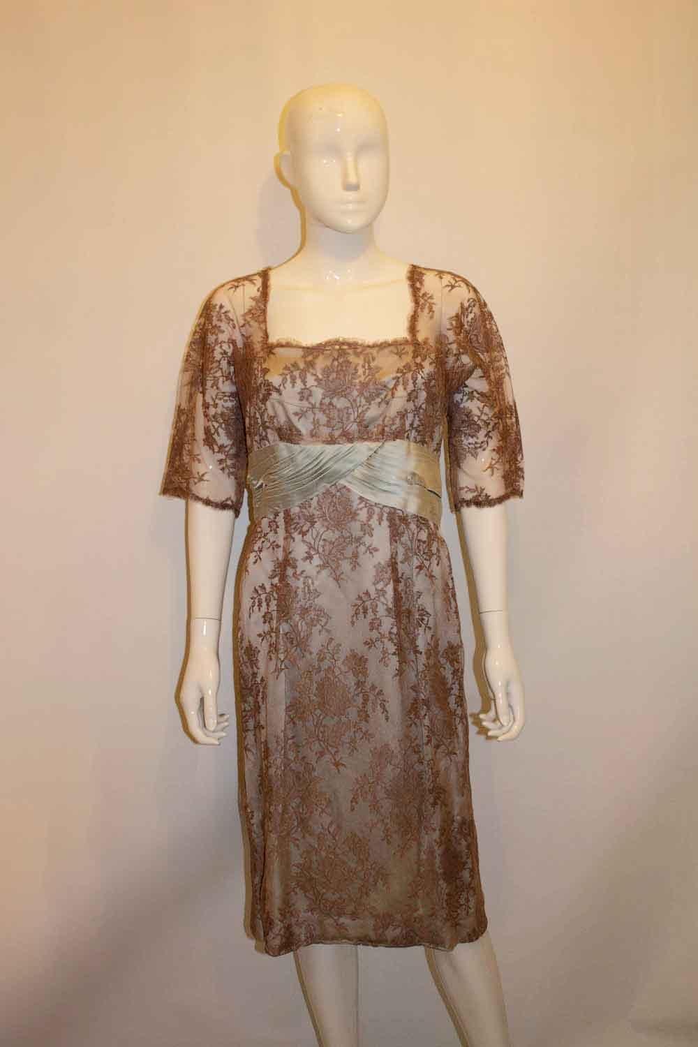 Vintage Couture Sky Blue Satin and Chocolate Lace Cocktail Dress In Good Condition For Sale In London, GB