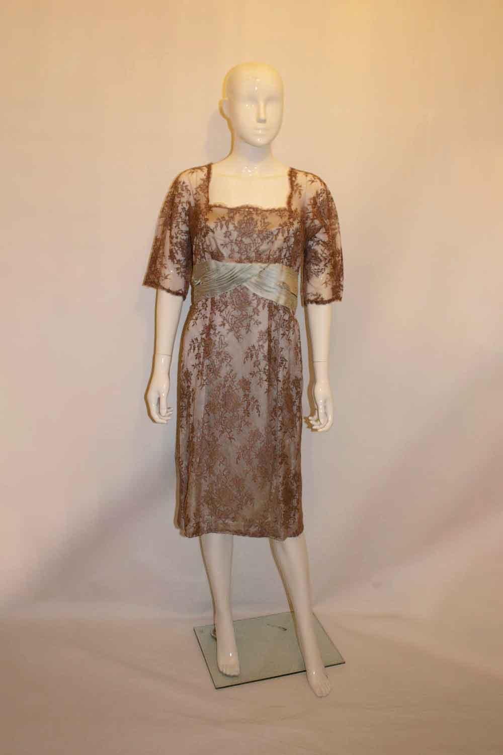 Men's Vintage Couture Sky Blue Satin and Chocolate Lace Cocktail Dress For Sale