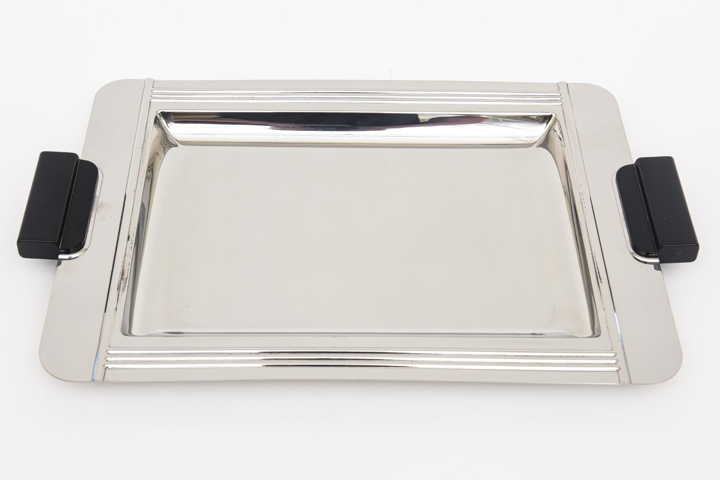 Modern Vintage Couzon Stainless Steel, Black Resin Art Deco Style Tray Barware French For Sale