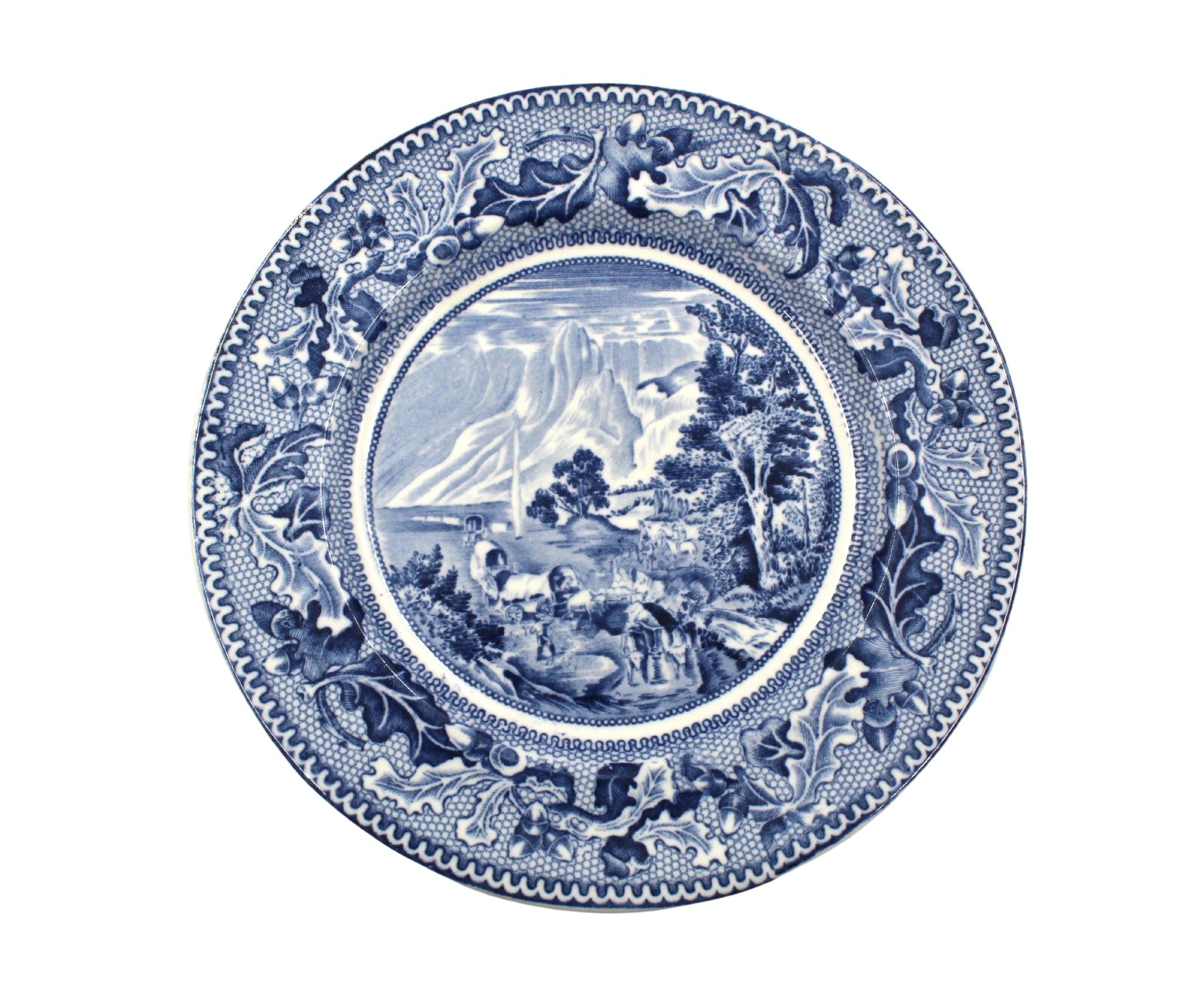 Blauer Vintage-Bratenteller „Covered Wagons and the Rocky Mountains“ aus Transferware (Englisch) im Angebot