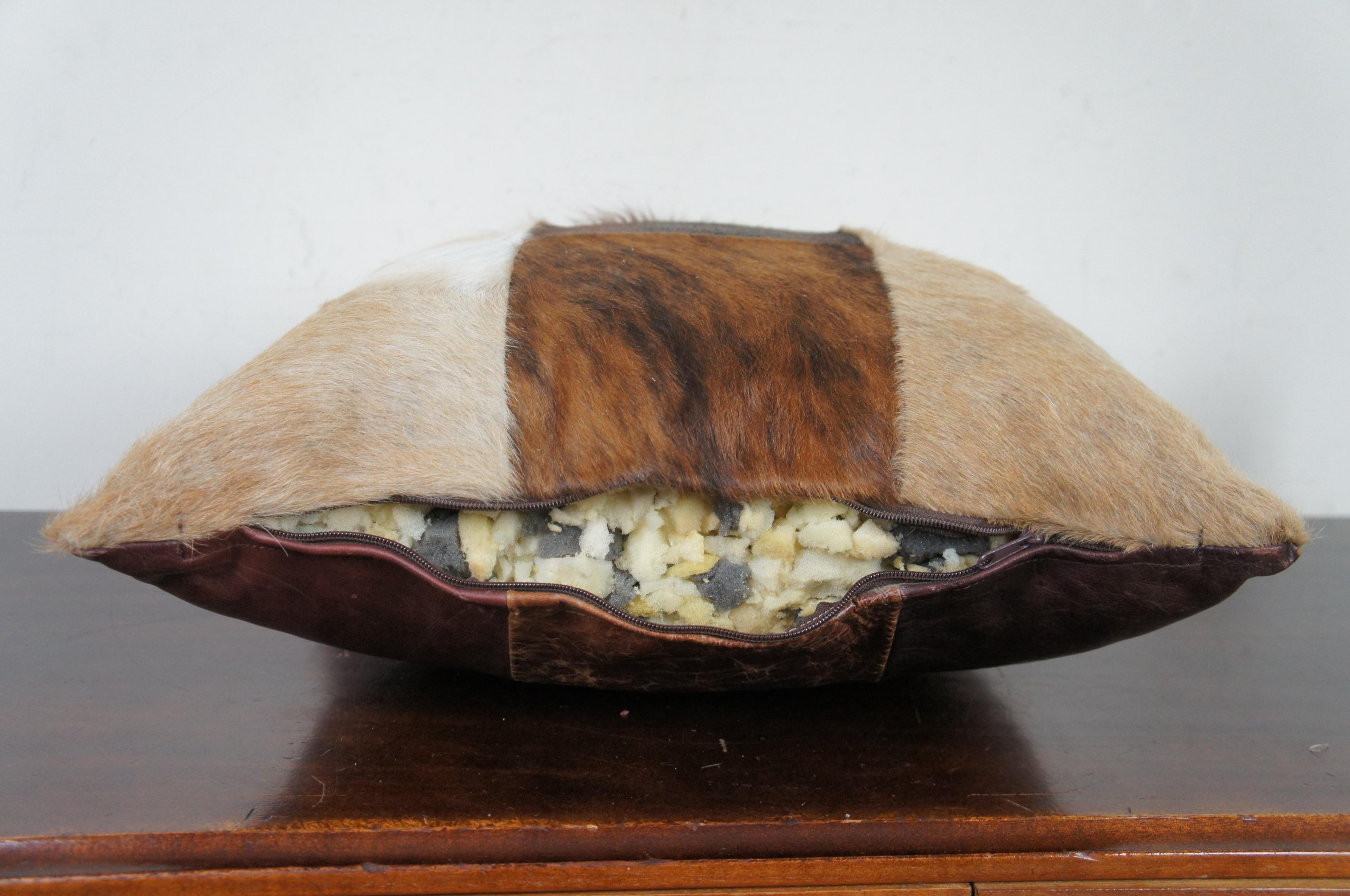 Vintage Cow Hide and Leather Patchwork Throw Pillow Southwest In Good Condition In Dayton, OH